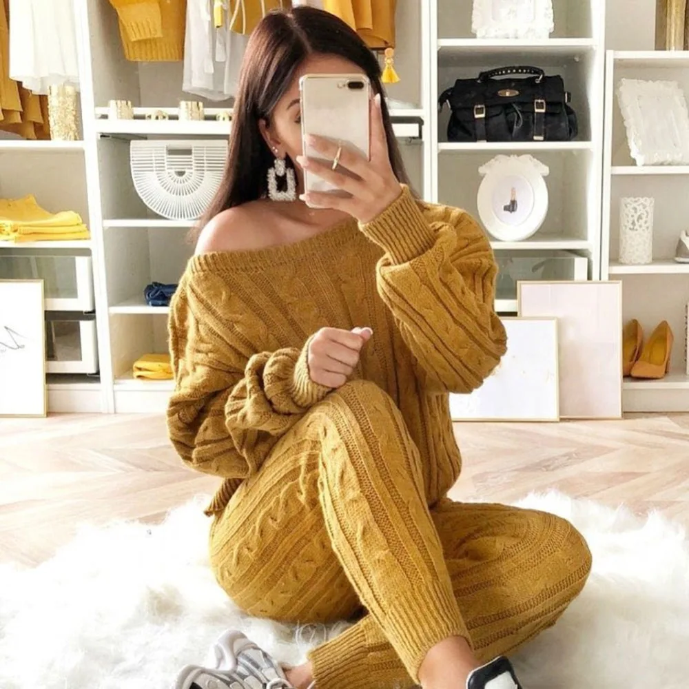 2 Piece Set Women Sweaters Suit Sexy Off shoulder Sweater Pants Tracksuits Woman Knitted Casual Trousers+Tops Women Clothing Set 2 Piece Set Women Sweaters Suit Sexy Off shoulder Sweater Pants Tracksuits Woman Knitted Casual Trousers+Tops Women Clothing Set