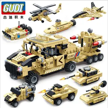 

8 IN 1 Military Hummer Assemble Building Blocks Tank Helicopter Hovercraft Armored vehicle Nuclear submarine Models Toys 352pcs