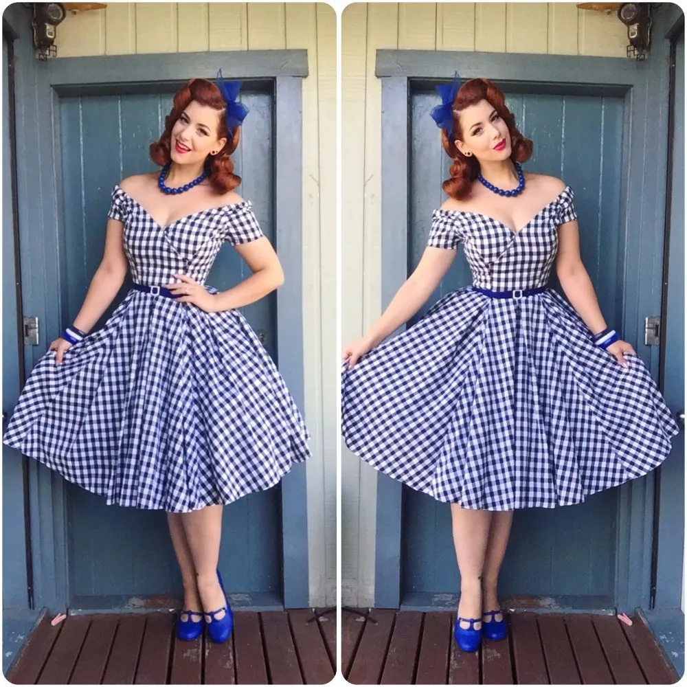 30-летние женские винтажные 50s gingham с открытыми плечами лодочкой шеи свинг-платье рокабилли pinup vestidos размера плюс платья jurken robe