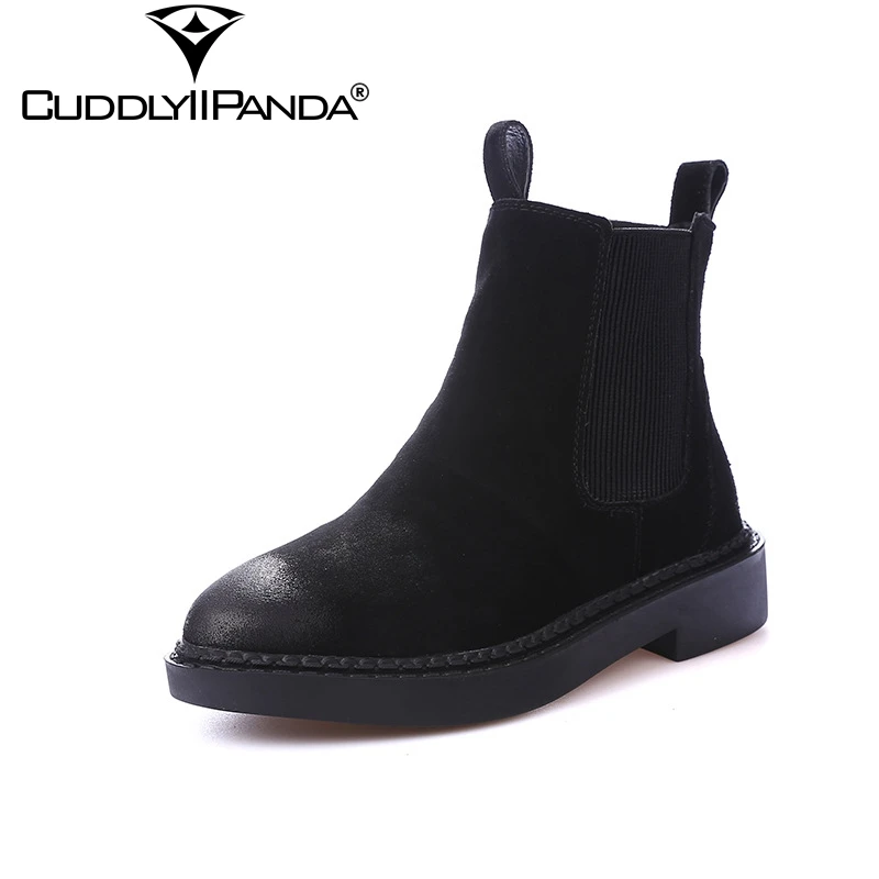 

CuddlyIIPanda 2019 Autumn Winter Chelsea Boots Nubuck Genuine Leather Women Boots British Style Plush Fur Winter Boots