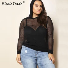 RICHIETRADE однотонная Черная Женская футболка с капюшоном и длинным рукавом, открытые женские футболки, новинка, большие размеры, европейский стиль, футболка