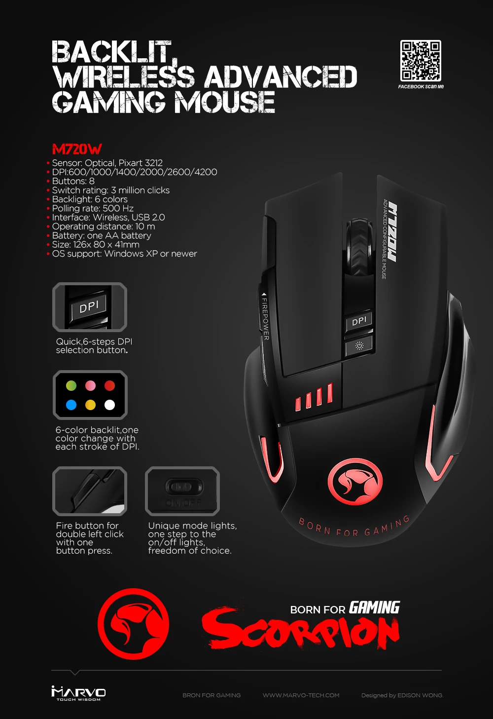 Игровая мышь MARVO M720W беспроводная с 8 кнопками светодиодный светодиодсветильник