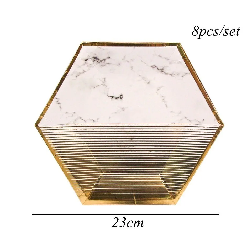 1 Набор мраморной одноразовой посуды из белого золота, бумажная тарелка/чашка/салфетка для свадьбы/дня рождения, вечерние принадлежности, украшение стола - Цвет: 8pcs marblegold plat
