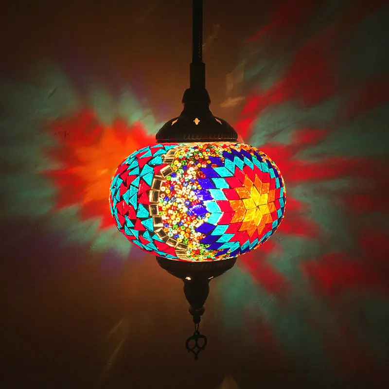 

Big Size Mediterranean Design Turkish Mosaic Pendant Lamp Handmade Colorful Glass Sconces Hotel LED Ceiling Hanging Light D18CM