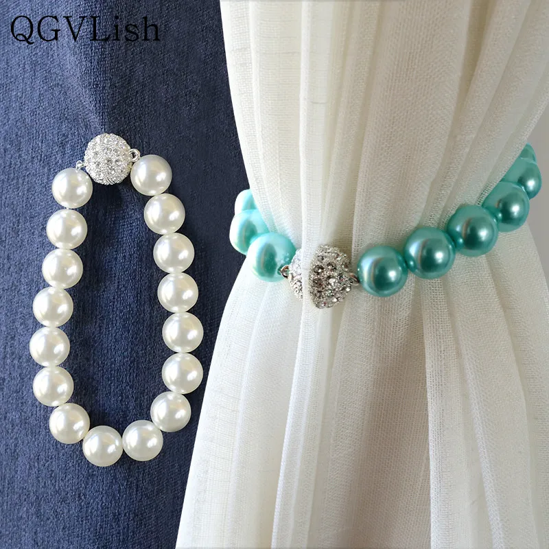 

QGVLish 2Pcs Peal Beads Diomand Magnetic Curtain Tiebacks Strap Hanging Belt Curtain Accessories Hooks Buckle Holder Bind Clips