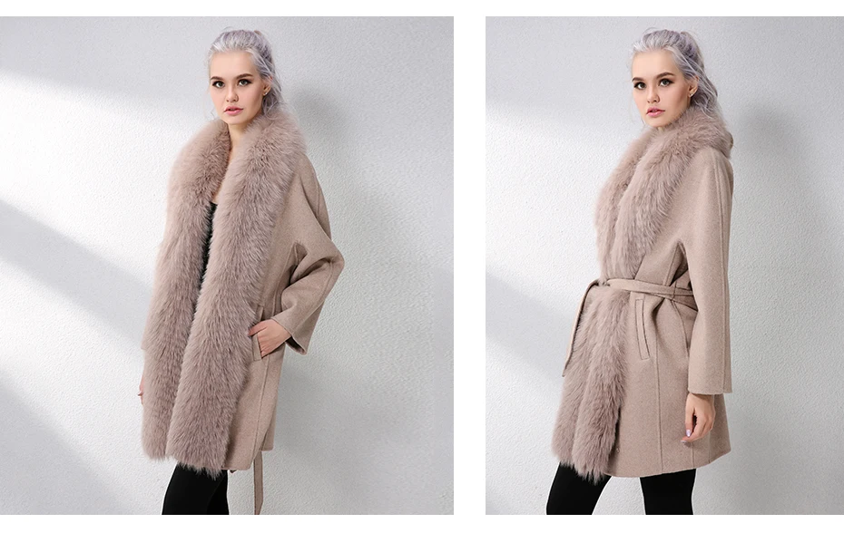 JELUDA Hot Sale Cashmere Coat Women Scarf Collar With Natural Real Fox Fur Real Fur Coat Genuine Leather Jacket Women Overcoat