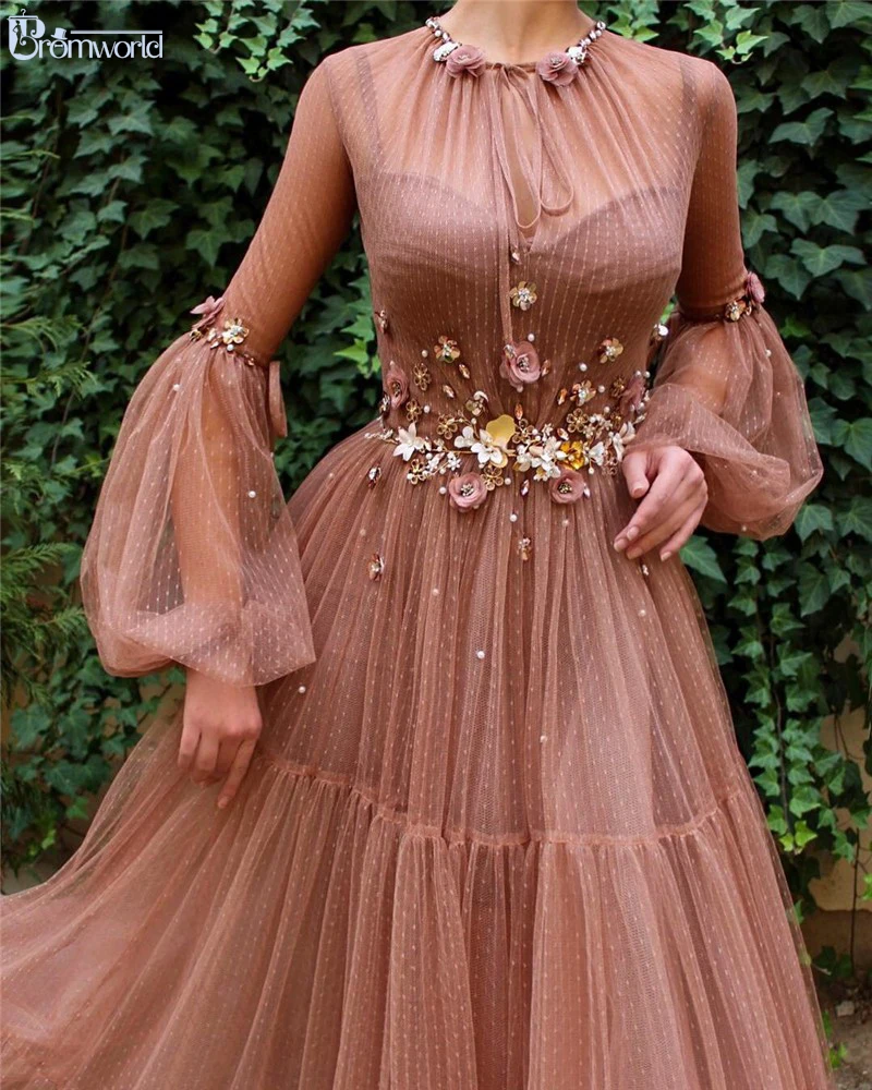 Blush Muslim Evening Dresses A-Line Long Sleeves Flowers Tulle Islamic Dubai Kaftan Saudi Arabic Elegant Long Evening Gowns