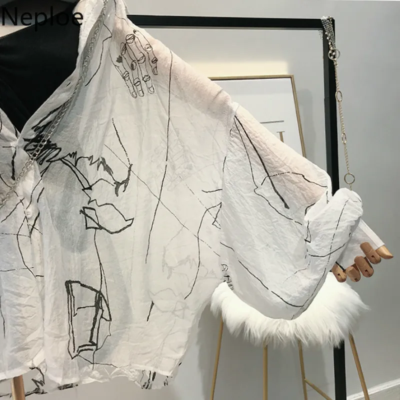 Neploe Harajuku, женские рубашки с принтом, лето, отложной воротник, рукав летучая мышь, блузка, свободная, солнцезащитная, женские топы 44659
