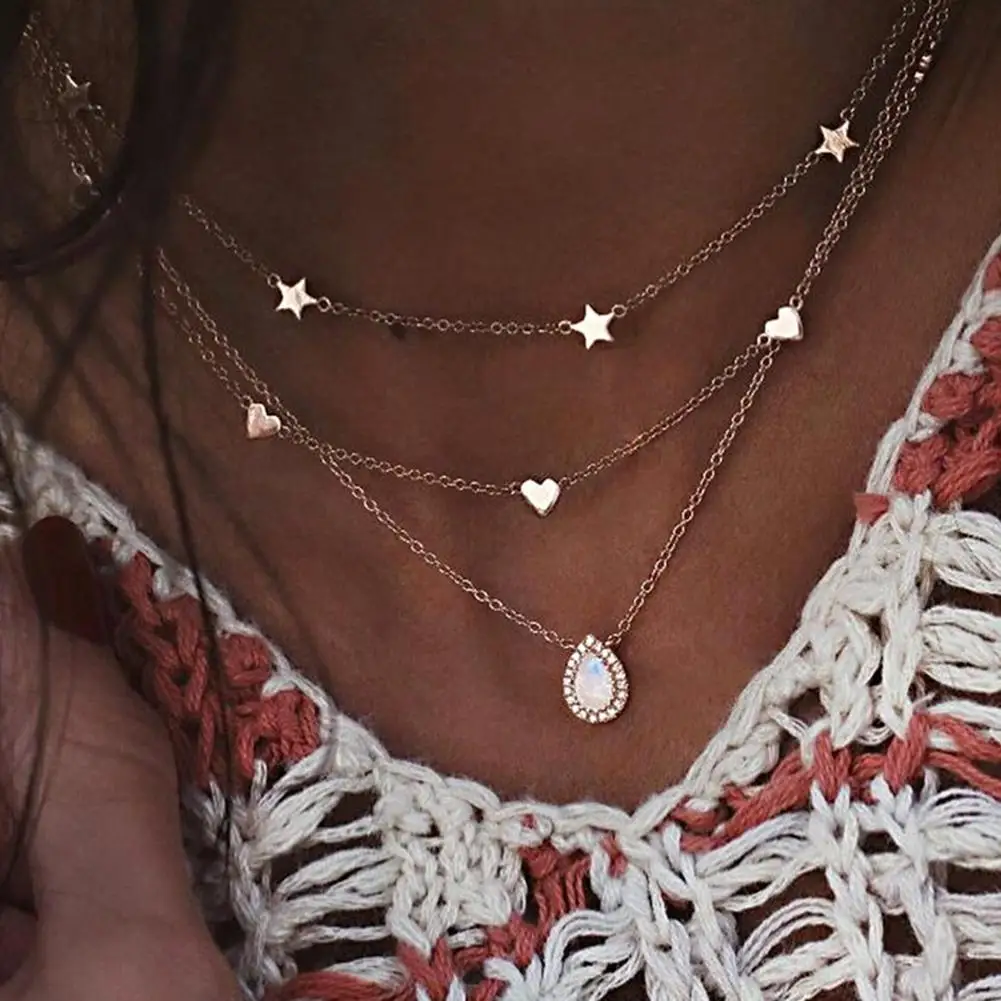 

Fashion Women Multilayer Drop Faux Opal Star Heart Charm Chain Necklace Jewelry new