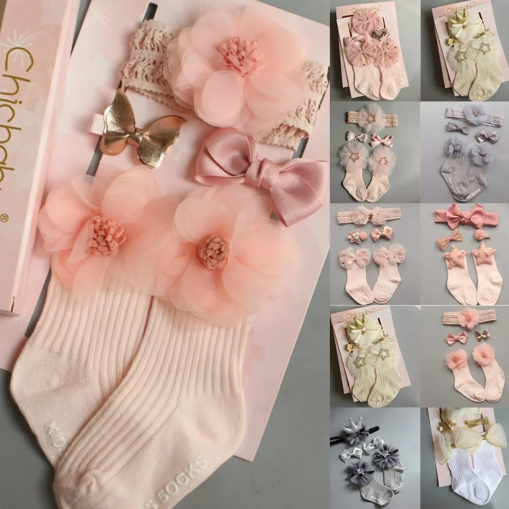 Для новорожденного прекрасный носки+ повязка на голову набор заколок цветочные узоры для маленьких девочек Хлопок Эластичность носок+ повязка на голову шпилька