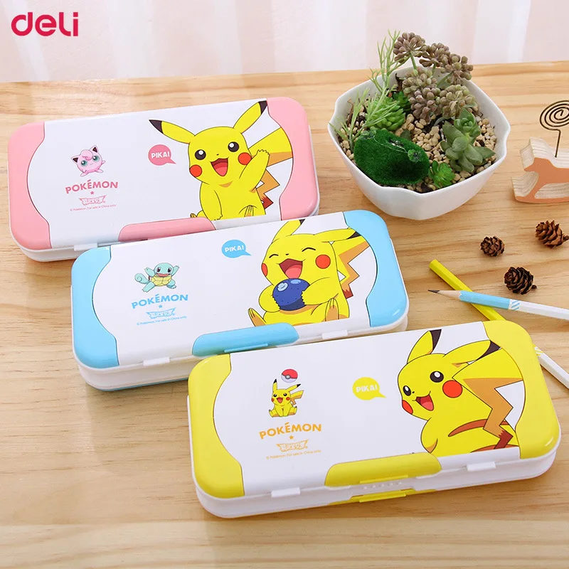 Deli cute children multifunctional three-layer pencil box Cartoon Pikachu plastic pencil cases gifts school stationery ruler set