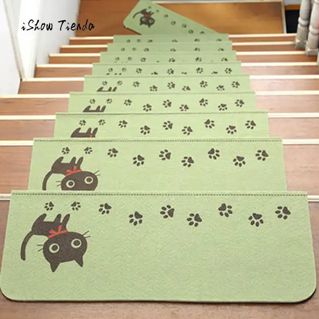 1Pcs Stairs Mat Cute Cat Printing Step Basic Non-Slip Rubber Backing Skid-Resistant Carpet Stair Gripper Home Floor Mat Decor