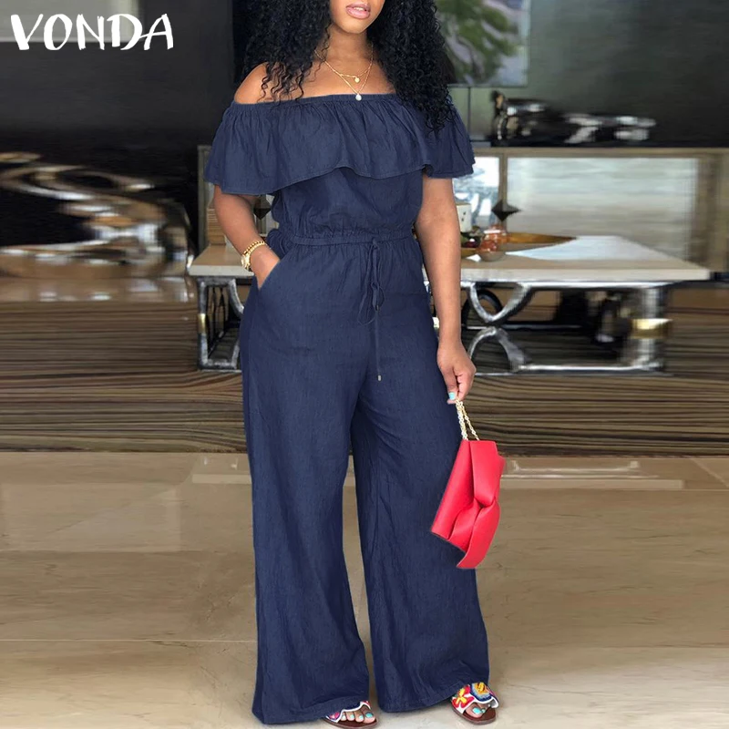 

VONDA Women Rompers Jumpsuit 2019 Summer Overalls Casual Slash Neck Off Shoulder Ruffles Denim Playsuits Plus Size Wide Leg Pant