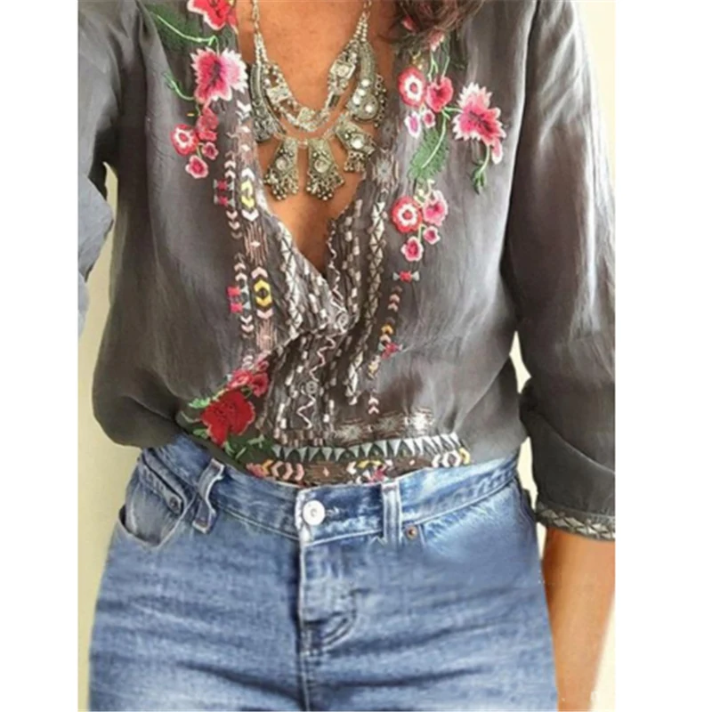 Женская блузка в винтажном стиле с v-образным вырезом и цветочной вышивкой, топ с длинными рукавами, рубашка, женская блузка Lange Mouwen Chemisier Femme, женская блузка - Цвет: as photo show