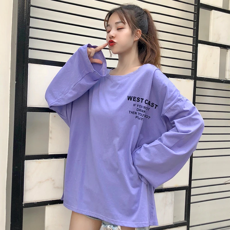 2018 Осенние новые футболки женские корейские Harajuku с длинным рукавом Свободные