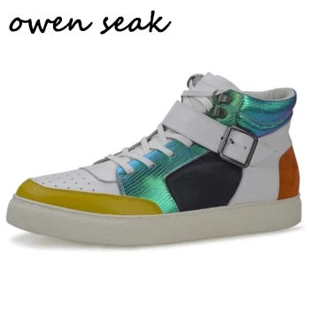 

Owen Seak Men Casual Shoes Cow Genuine Leather High-TOP Luxury Trainers Autumn Boots Casual Lace-up Flats Shoes Black Sneakers
