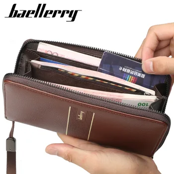 

Baellerry Men Leather Wallet Male Long Clutch Big Capacity Zipper Wallet Bag Card Holder Coin Purse With Wristlet cartera hombre