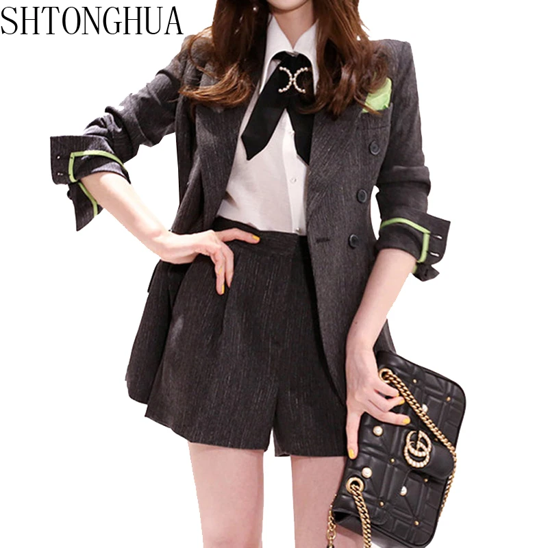 

SHTONGHUA Runway Spring Autumn Women 2 Piece Set 2019 Fashion Double-breasted Jacket Short Coat + High Waist Short Pant Set