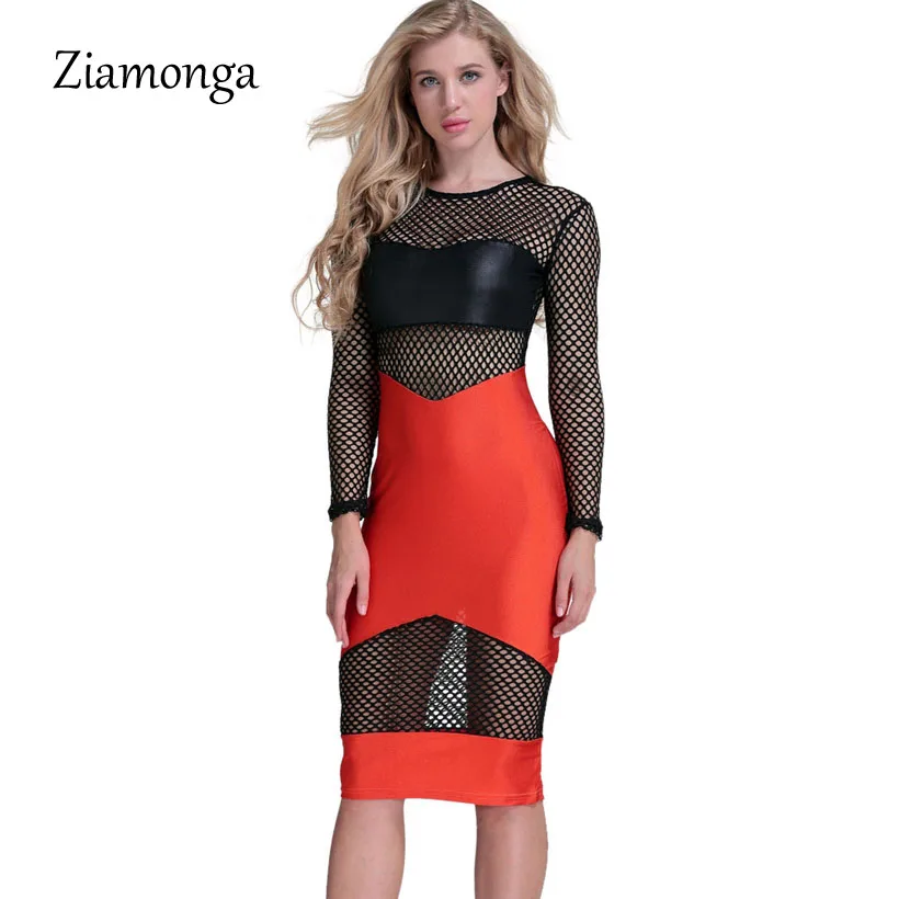 Ziamonga, зимнее Сетчатое вечернее платье с длинным рукавом, просвечивающее, облегающее, с вырезом, Бандажное, сексуальное Клубное платье, Vestidos Femme