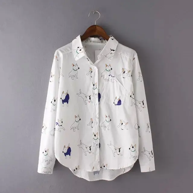 Spring Fashion Women White Cute Dog Print Blouses Pocket Long Sleeve