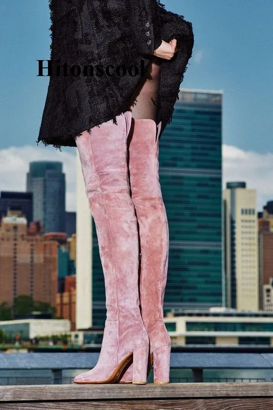 

2019 Pink Black Thigh High Heels Boots Women Winter Shoes Feminina Bota Chunky Heels Ladies Over Knee Botas Mujer 35-43