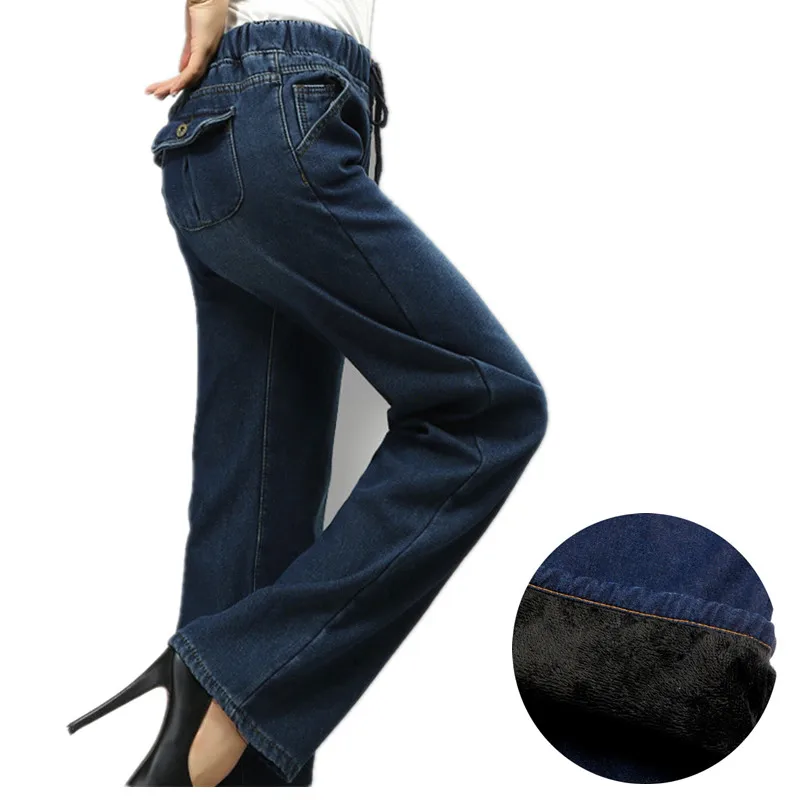 

Women Winter Thicken Fleece Winter Jeans Femme Wide Leg Large Size Jean Blue Velvet Pants Fashion Office Pantalon Femme Trousers