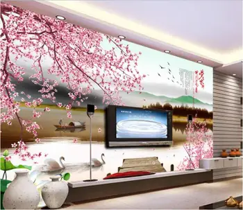 

3d wallpaper custom photo mural non-woven wall sticker 3 d Peach blossom ships swan lake painting 3d wall room murals wallpaper