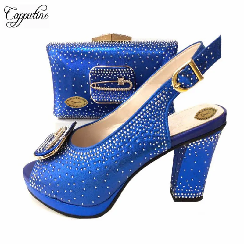 

Capputine Blue Color African Style Woman Shoes And Bag To Match Set Italian High Heels Shoes And Bag Set For Party 5Colors Sale