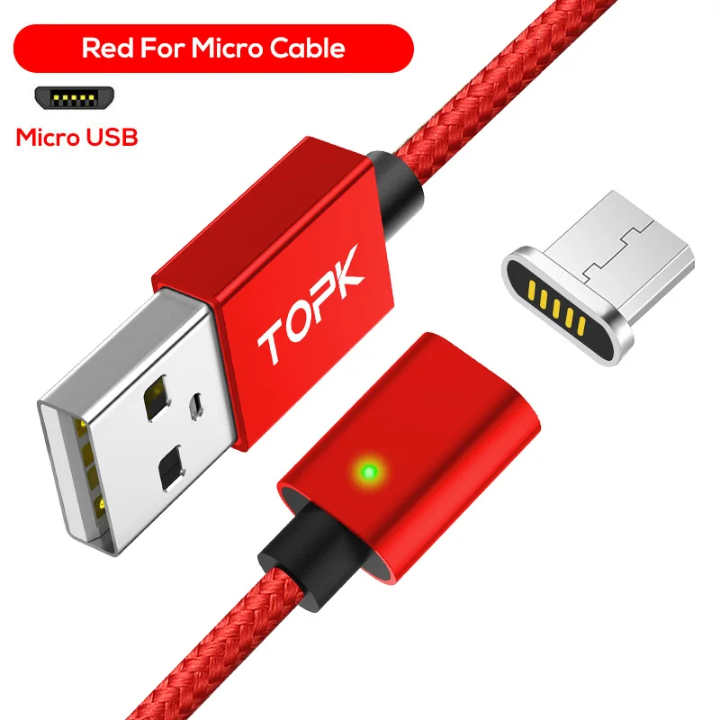 TOPK F-Line1 Магнитный Micro USB кабель со светодиодным индикатором обновленный нейлоновый плетеный кабель для синхронизации данных USB зарядный кабель для Micro USB порта - Цвет: Red Cable