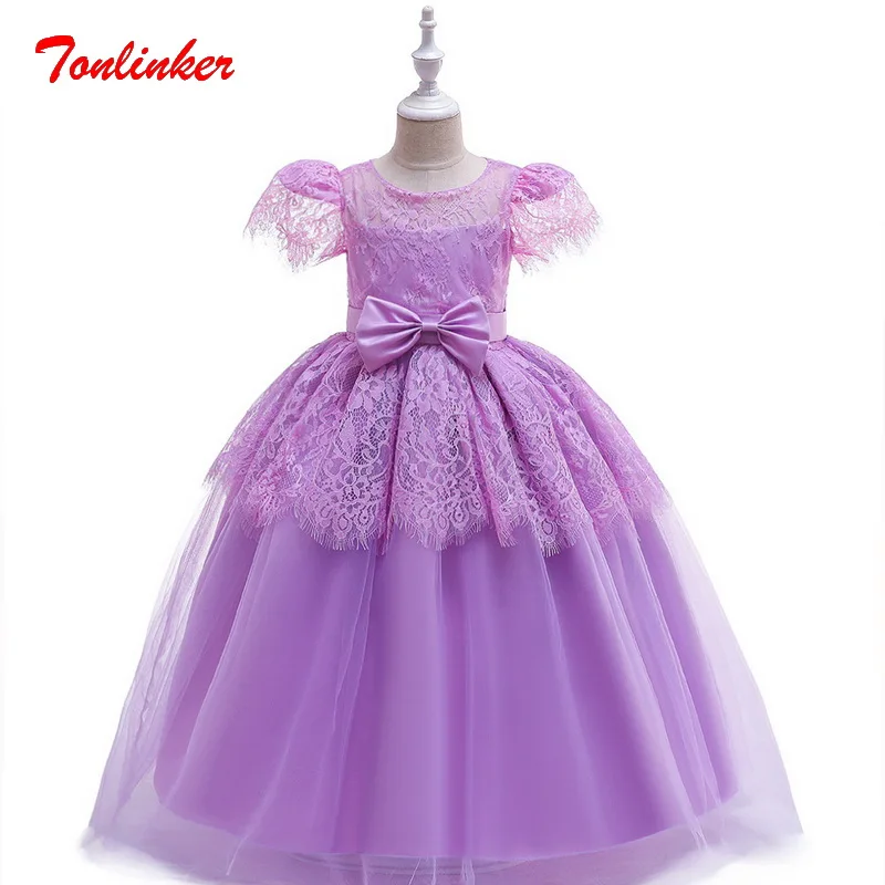 

Princess Girls Party Lace Flying Sleeve Tutu Dress Elegant Bow-Knot Children day Wedding Birthday Clothes For Theme Party Dress