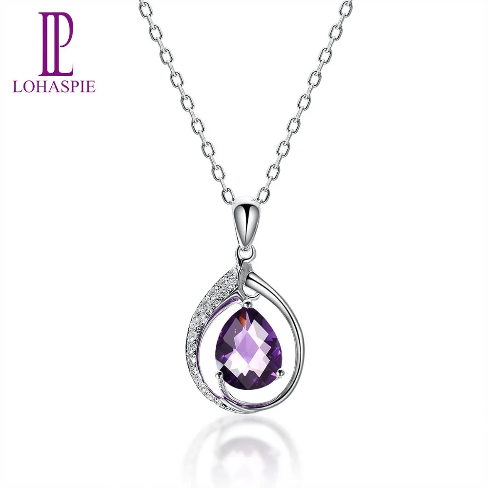 

Lohaspie Diamond-Jewelry Gemstone Solid 14K White Gold Natural Uruguay Amethyst Pendant Fashion Stone Jewelry For Feb Birthday