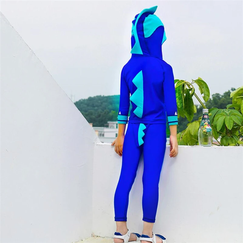 

2019 Kids thermal swimwear winter warm two piece cartoon dinosaur swimsuit children's long sleeve beach UV bathing suit