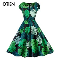 OTEN-2018-New-Fashion-Women-Cap-sleeve-Green-Leaf-Printed-Vintage-Rockabilly-Pin-up-Skater-Swing