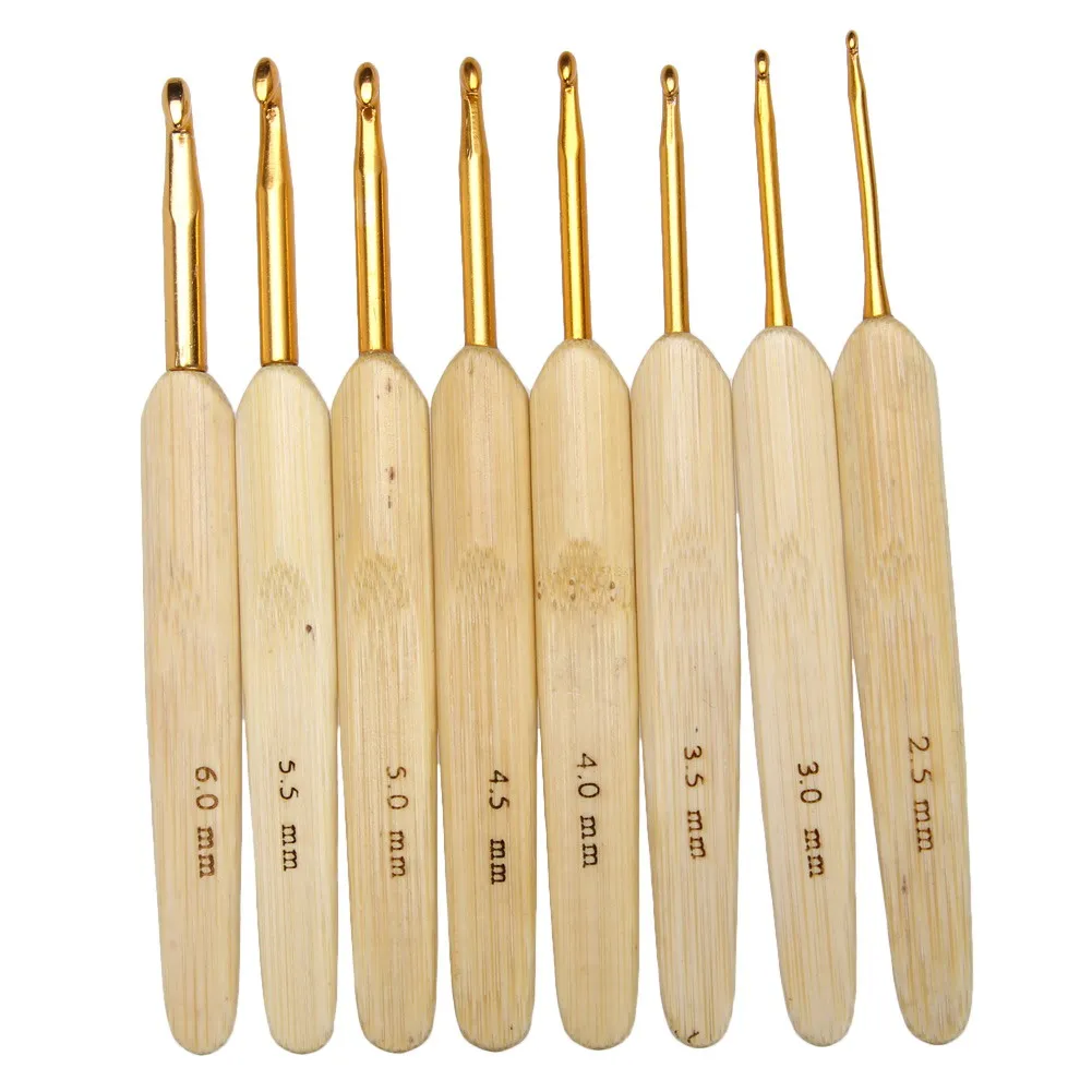 8 шт. 8 размеров крючок для вязания крючком с бамбуковой ручкой золотые Алюминиевые крючки для вязания Иглы, швейные инструменты 2,5 мм-6 мм E5M1