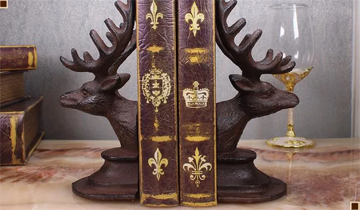 زوج من الحديد الزهر الغزلان الدفتين المعادن كتاب ينتهي حامل العتيقة مكتب دراسة الجدول مكتب المنزل ديكور الأيائل رئيس قرن الوعل ذئب مصنوع يدو...