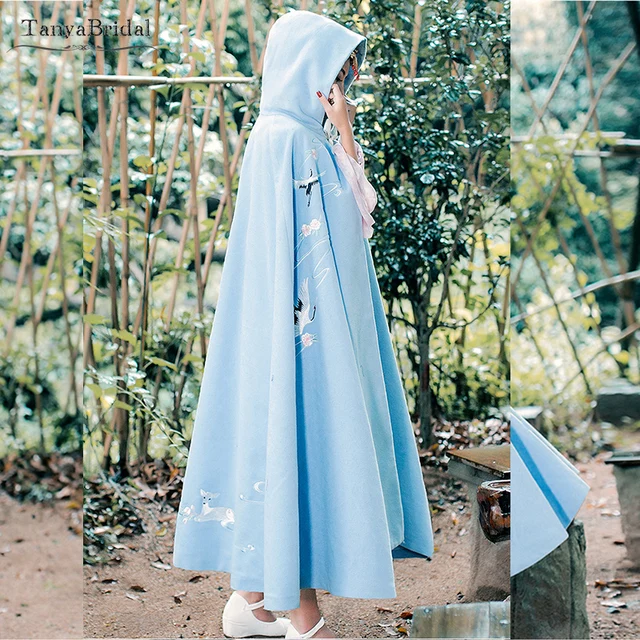 Best Product Light Blue Hooded Wedding Cloak Embroidery Charming Cape Women Formal Shawl COSPLAY Accessories DJ061