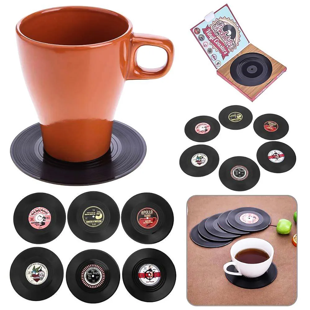 

Nosii 6Pcs Table Cup Coffee Drink Holder Mat Placemat Retro Vinyl CD Record Anti-slip Heat Resistant Drinks Coasters
