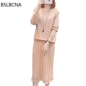 

Autumn Winter Clothes Women Two Piece Set Korean Fashion Casual 2019 Lace Patchwork Knitte Skirt Long Sleeve Tops Sweater A417
