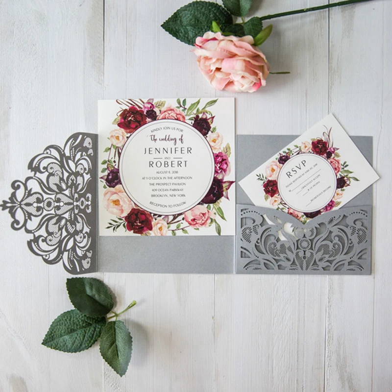 

(10 pieces/lot) Laser Cut Flower Tri-fold Square Invitation Card Gray Wedding Invitations With RSVP Card & Envelope IC122G
