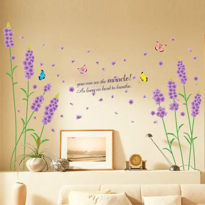 

Fashion wall decal Beautiful Lavender Flowers Butterflies Wall Sticker Decals DIY Mural Home Room nalepki do pokoju