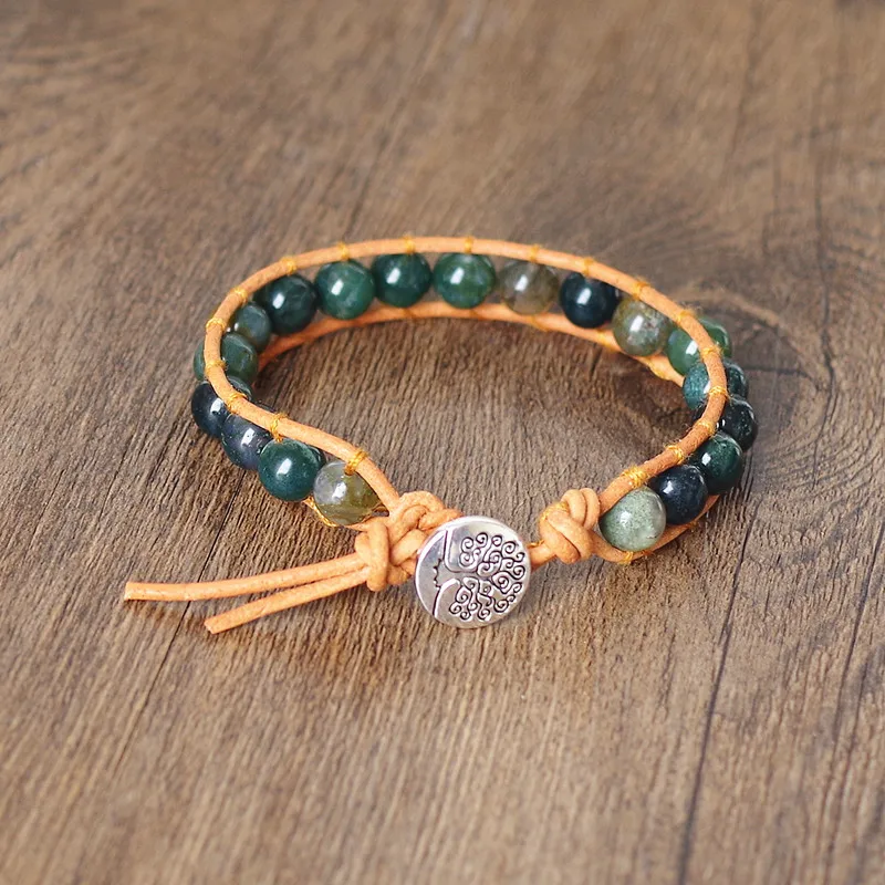 

8mm Indian Onyx Beads Leather Wrap Bracelets Handmade Women Men jewelry Strand Natural Stone Beaded Charm Boho Bracelet Bangle