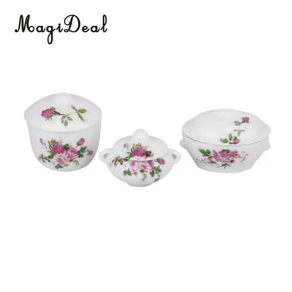 MagiDeal 3Pcs Doll House Kitchen Miniature Casserole Pot Bowl Lid with Floral Pattern for Interior Room Model Kids Role Play