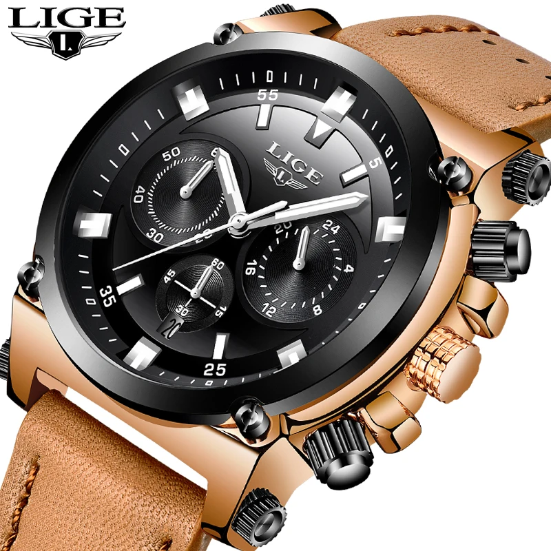 

LIGE Mens Watches Luxury Brand Men waterproof Military Casual Sports Watch High Quality Leather Quartz Clock relogio masculino