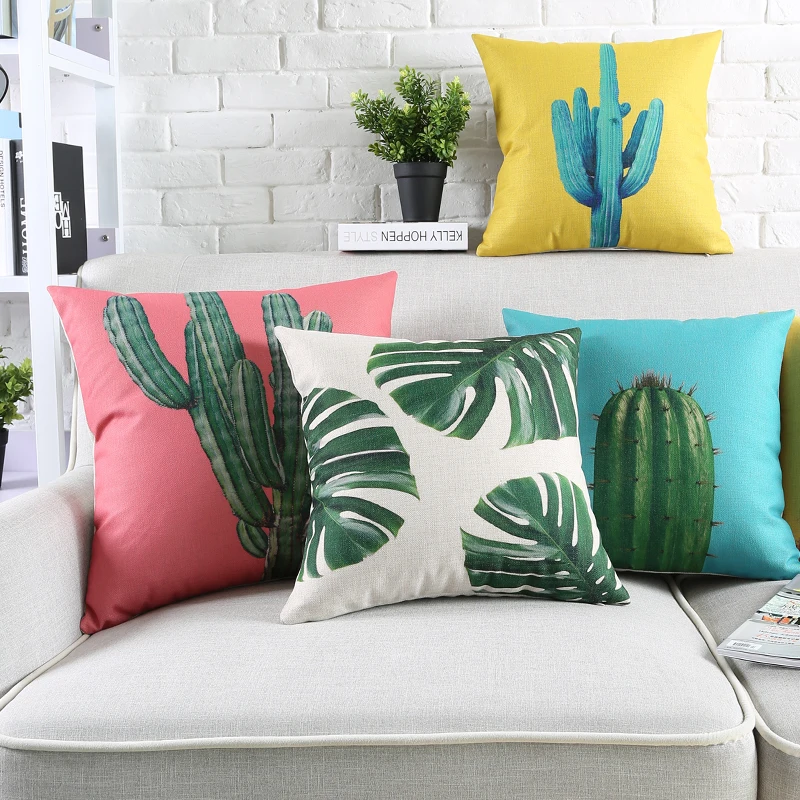Tropical Cactus Linen Cushions Cover Sofa Throw Pillow Case