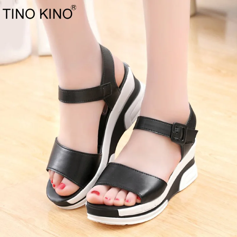 

TINO KINO Women Buckle Wedge Summer Sandals Ladies Platform Thick Bottom Heel Open Toe Casual Shoes Female Black White Fashion