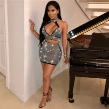Sparkly Rhinestone Sexy 2 Piece Dress Set Women Halter Open Back Crop Top and Mini Skirt Suit Party Club Matching Sets Outfits tropical print open back halter top