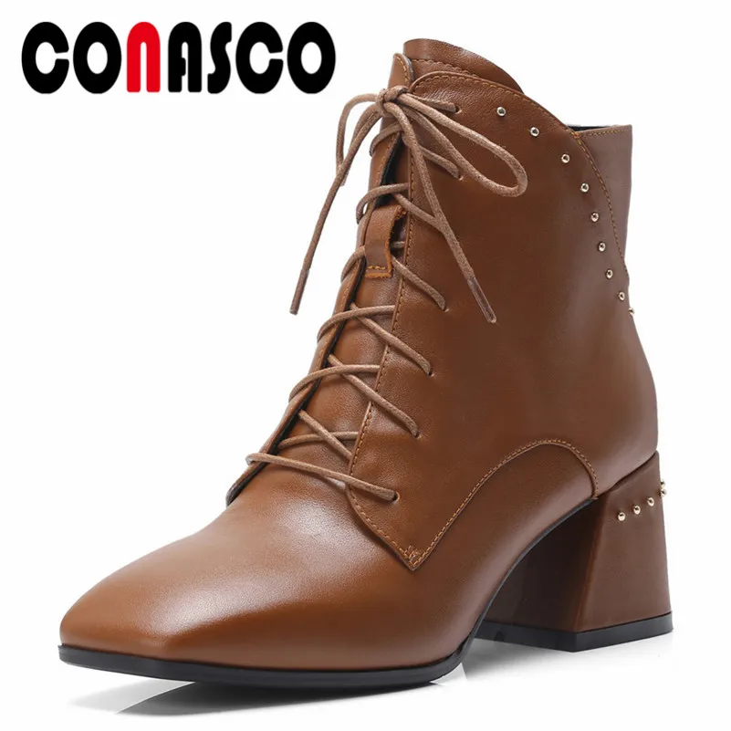 

CONASCO Punk Retro Women Ankle Boots Sexy Pointed Toe Rivets Martin Shoes Woman High Heels Autumn Winter Short Basic Boots