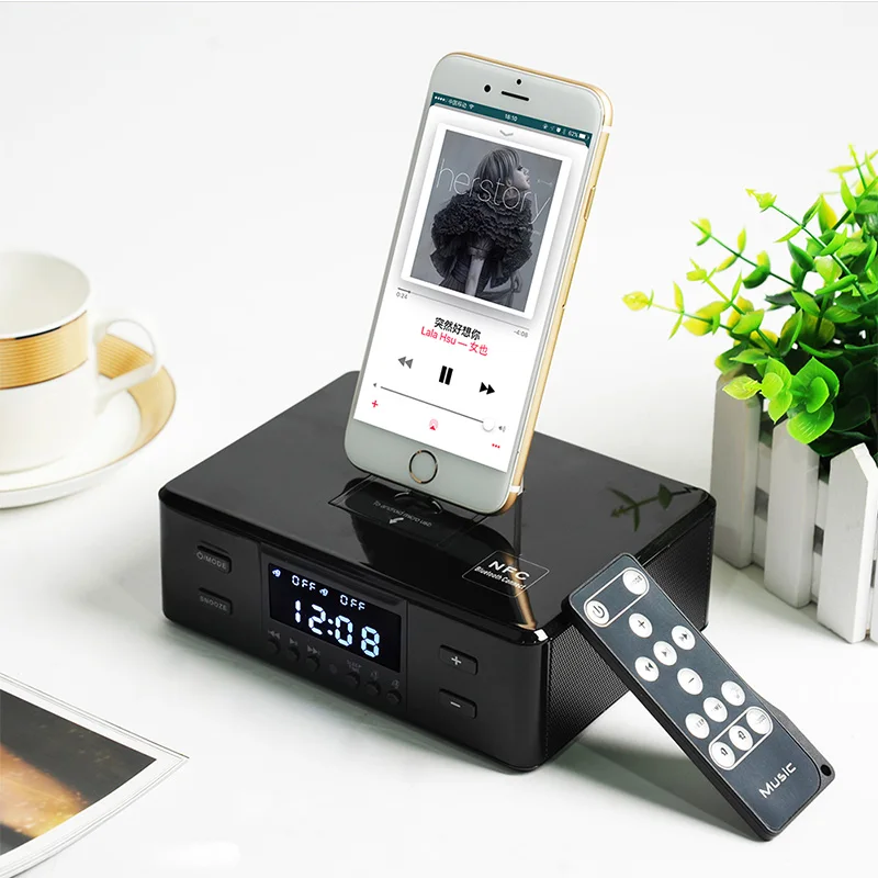 ALWUP NFC Bluetooth стерео динамик умное зарядное устройство док-станция с fm-радио двойной будильник пульт дистанционного управления ЖК-экран для телефона