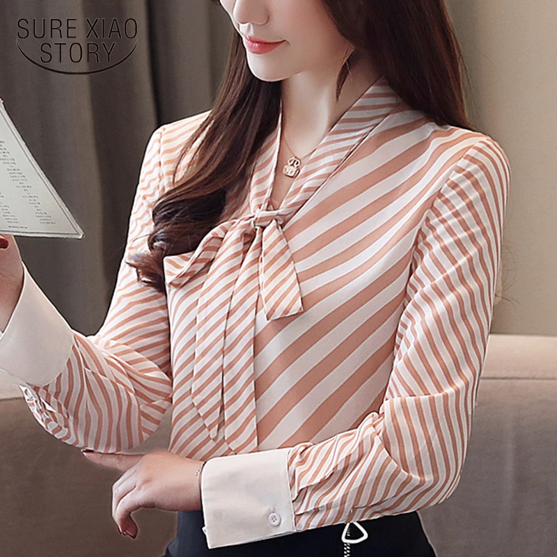 

womens tops and blouses bow collar striped office blouse women chiffon blouse shirt long sleeve women shirts female top 2426 50
