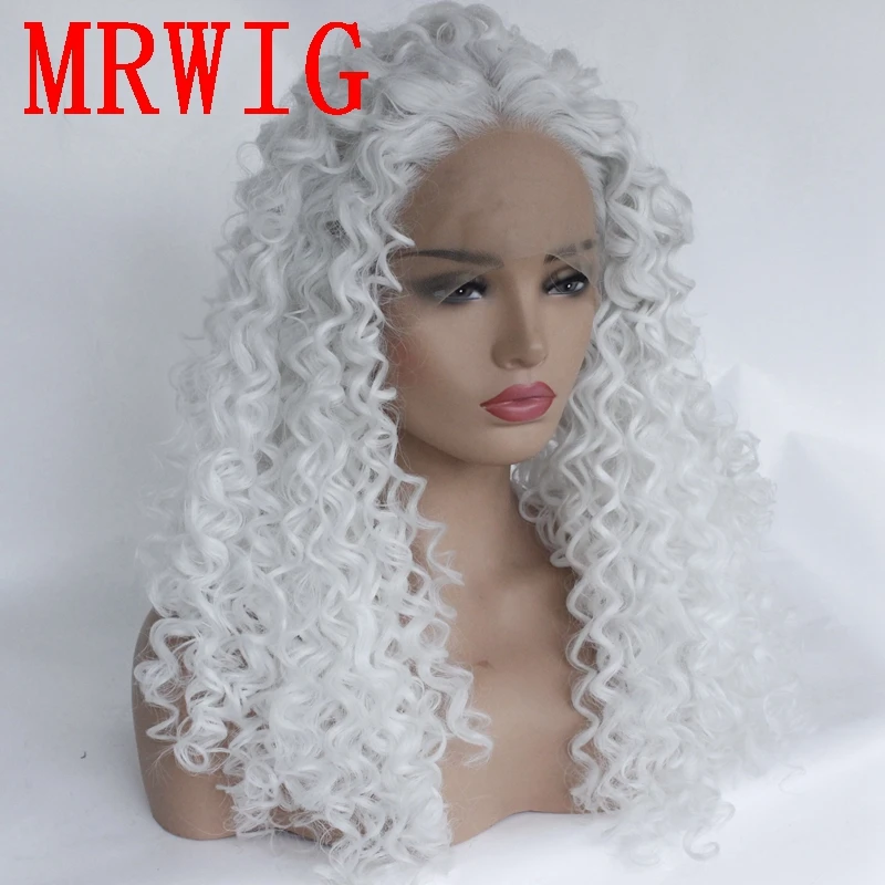 MRWIG white hair color synthetic kinky curly lace front wig middle part 26in 180%density cosplay hair wig